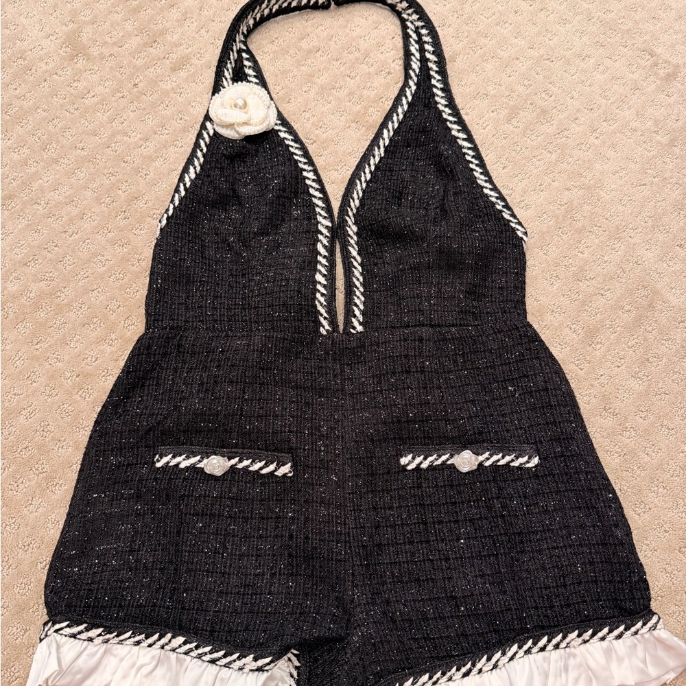 Tweed Black and White Halter Romper - Picture 2 of 6
